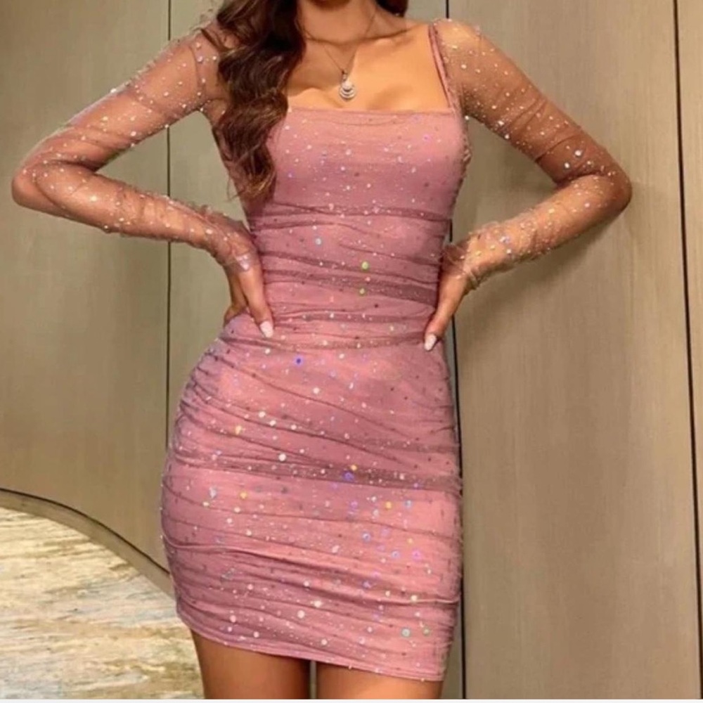 DOUBLE CRAZY SQUARE NECK SEQUIN PINK MESH LONG SLEEVE BODYCON DRESS SIZE SMALL